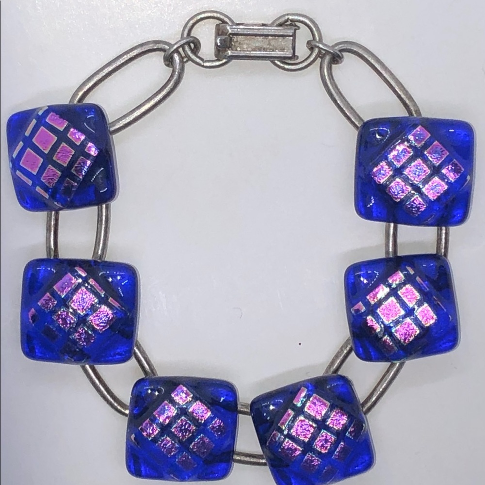 Handcrafted Silver Dichroic Glass Bracelet - 8”